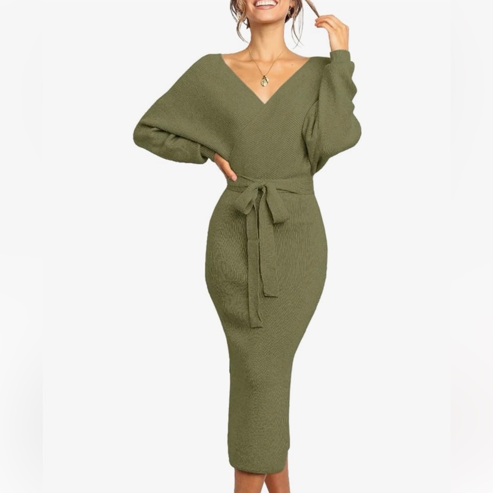 Olive green fitted V neck sweater dress